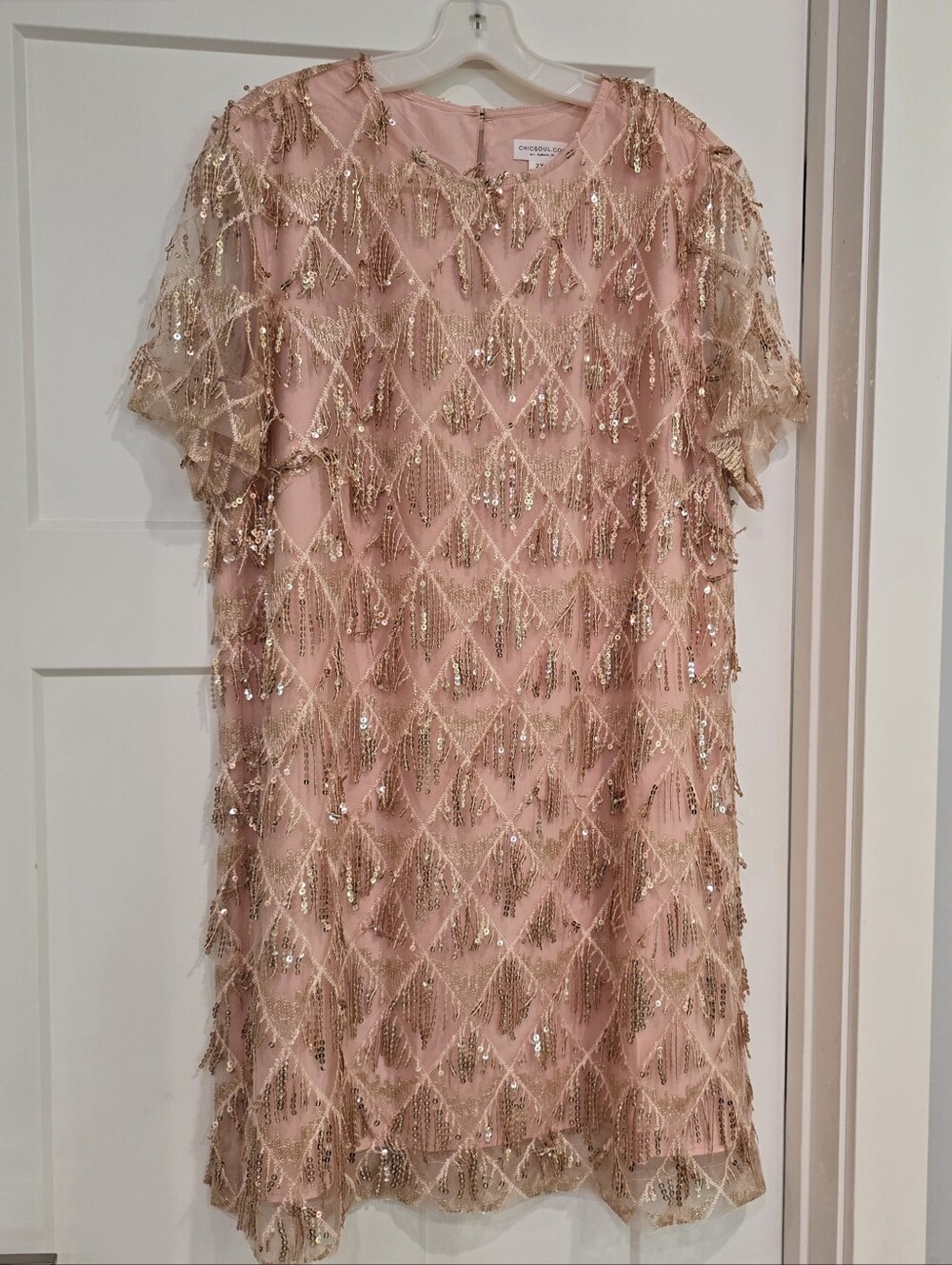 Chic Soul Dress 2X Pink Gold Sequined Fringe Party Cocktail Flapper Costume